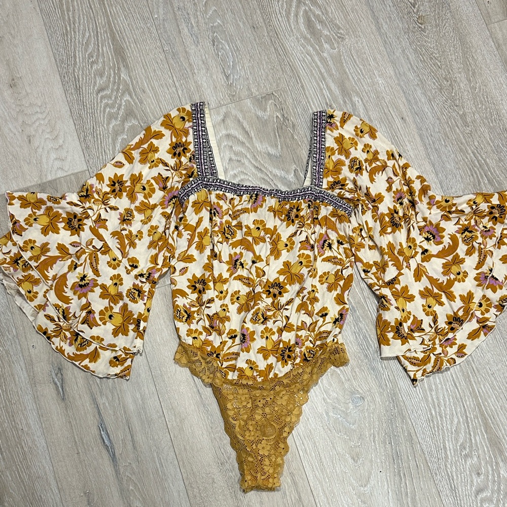 Free People Floral Bodysuit in Yellow and Brown